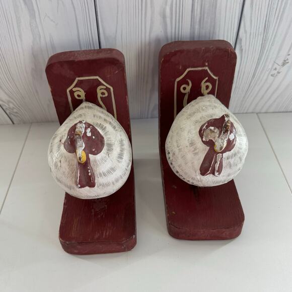 Chicken Bookends, Hand Carved Painted Wood - Bead and Tail - Picture 1 of 9